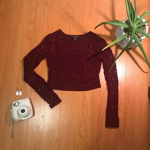 Wine Red Lace Long Sleeved Crop Top